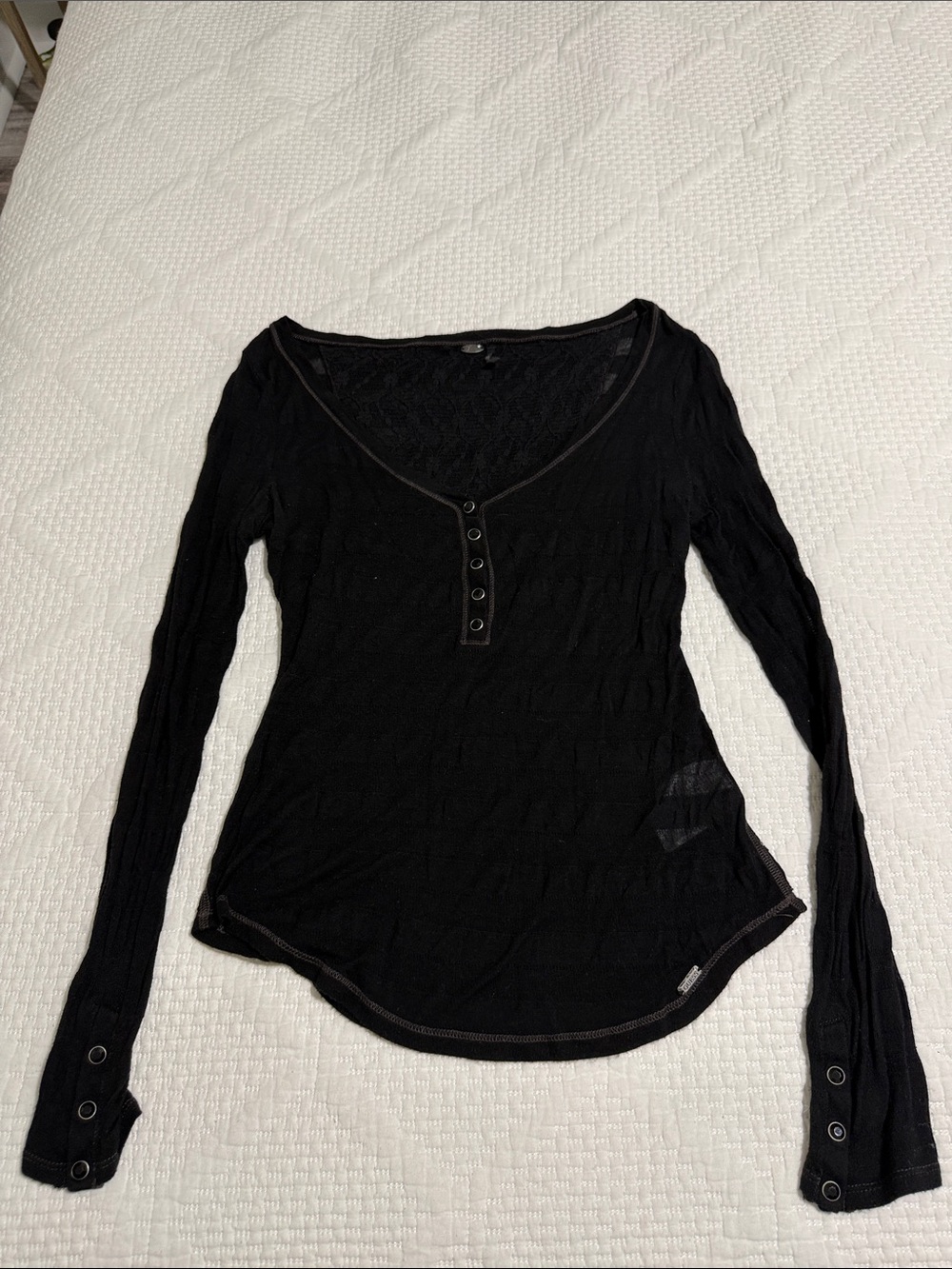 Guess Black Long Sleeve Henley Top with Button Cuffs